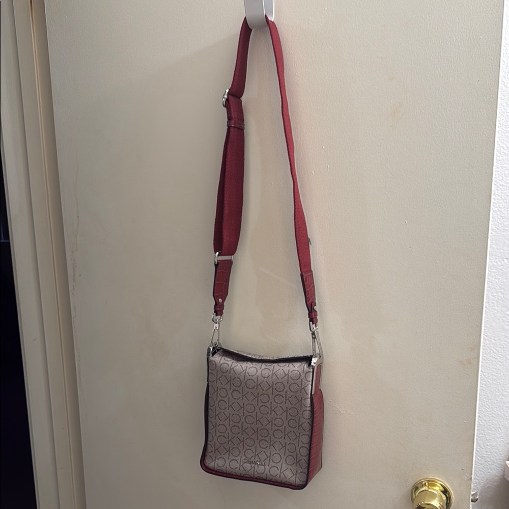 Calvin Klein Red and Cream Crossbody Bag with Adjustable Strap